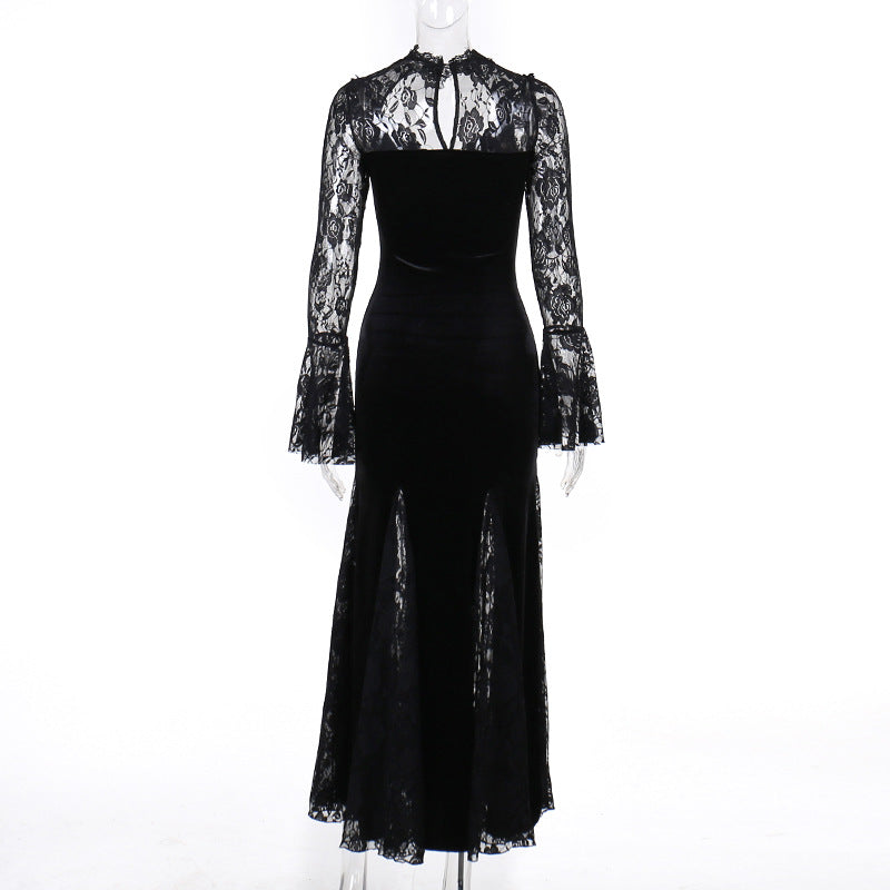 Vintage Lace Flare Gothic Midi Dress for Women