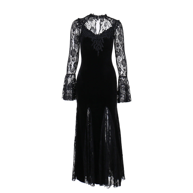 Vintage Lace Flare Gothic Midi Dress for Women