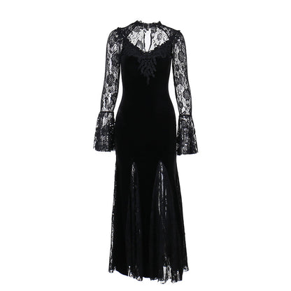 Vintage Lace Flare Gothic Midi Dress for Women