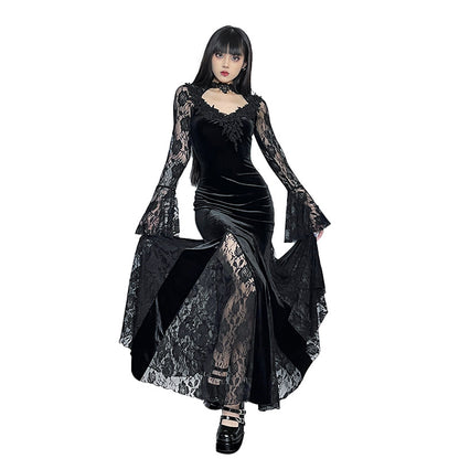 Vintage Lace Flare Gothic Midi Dress for Women