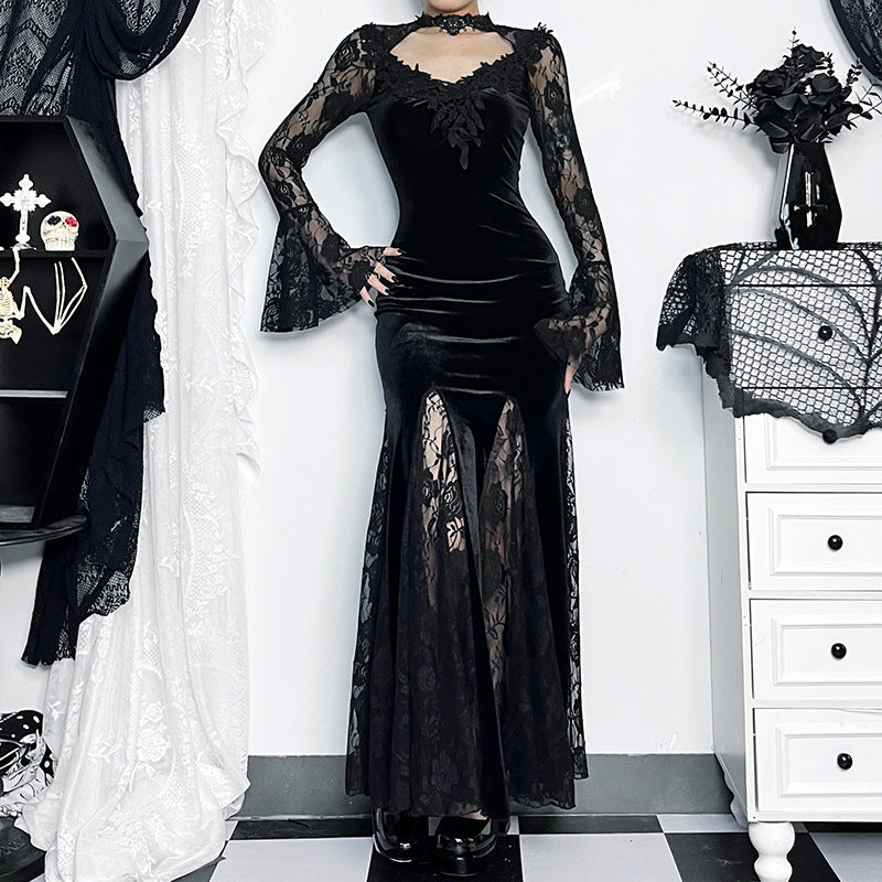 Vintage Lace Flare Gothic Midi Dress for Women