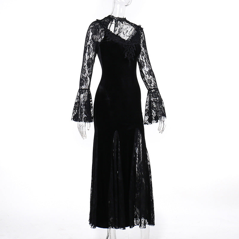 Vintage Lace Flare Gothic Midi Dress for Women