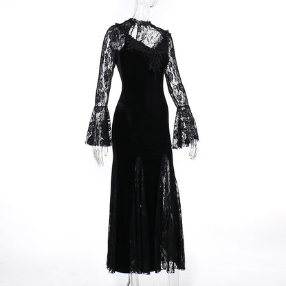 Vintage Lace Flare Gothic Midi Dress for Women