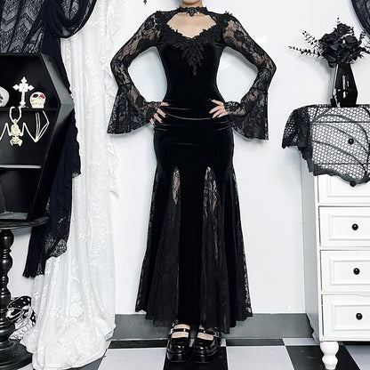 Vintage Lace Flare Gothic Midi Dress for Women