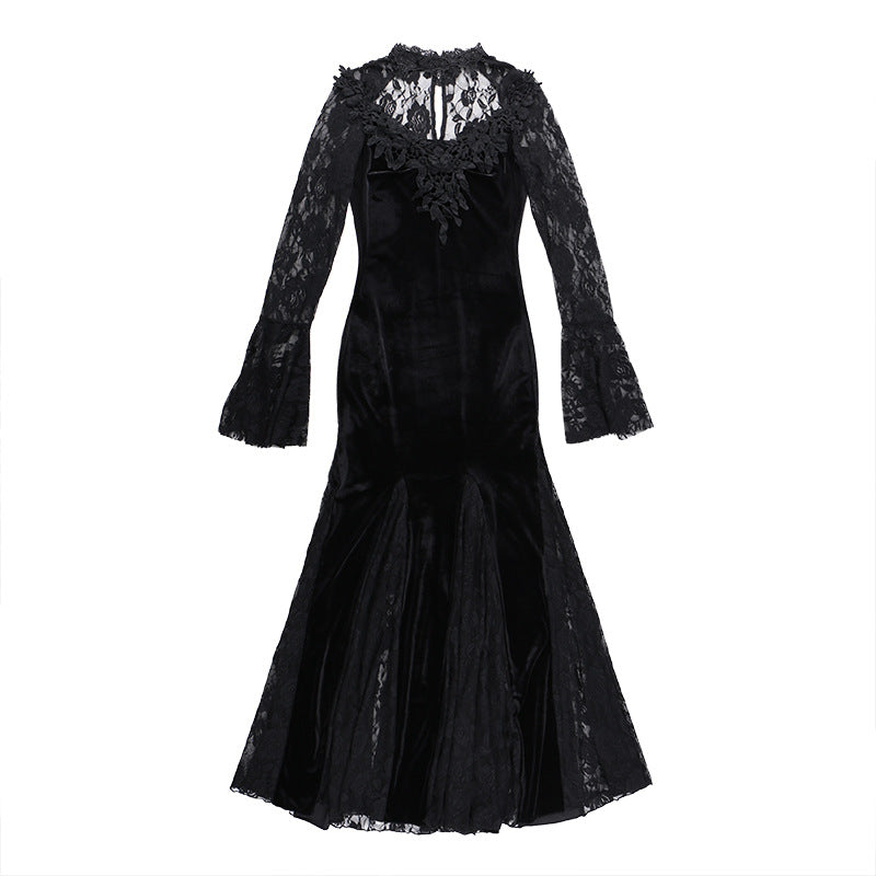 Vintage Lace Flare Gothic Midi Dress for Women