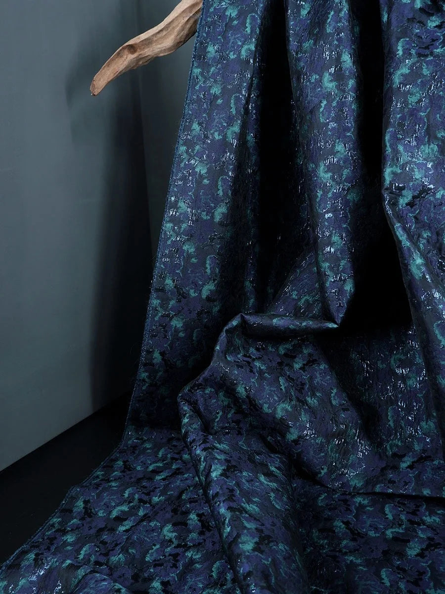 Navy Aqua Floral Jacquard Fabric for Dressmaking