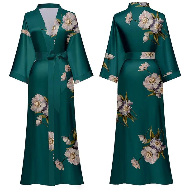 Long Robe Kimono Bathrobe Gown Satin Home Dress