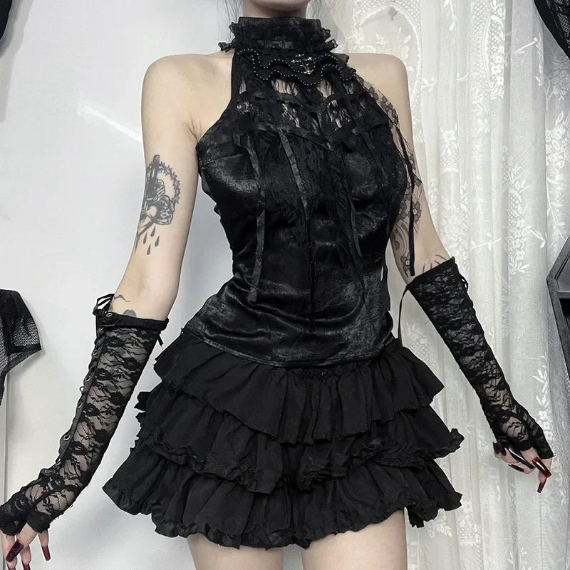 Nostalgic Lace Gothic Crop Tank for Retro Street Style