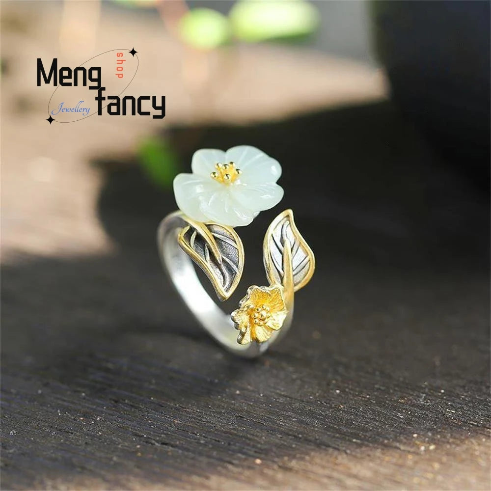 Jade Blossom Silver Eternity Adjustable Ring