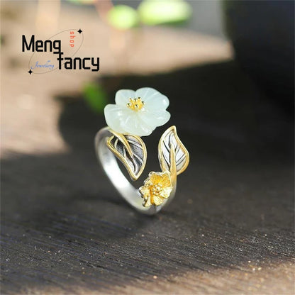 Jade Blossom Silver Eternity Adjustable Ring