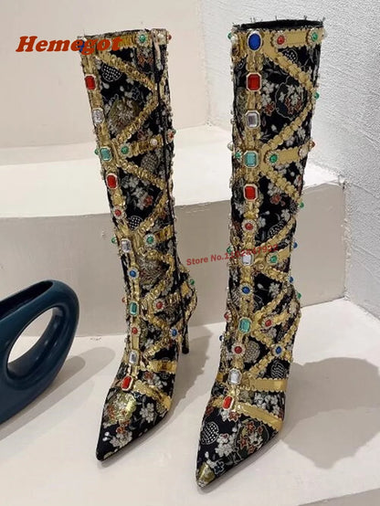 Pointed Toe Knee High Boots Rhinestones Design