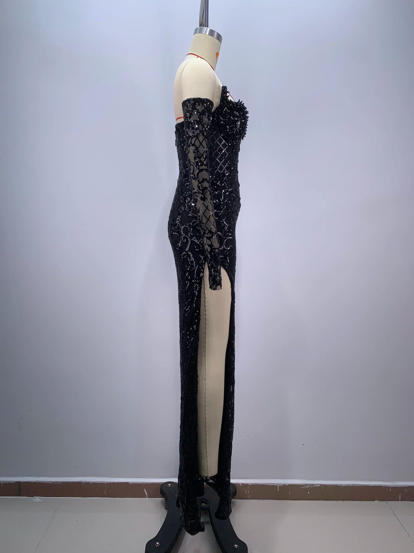 Elegant Black V-Neck Maxi Dress with Gloves & Sequins