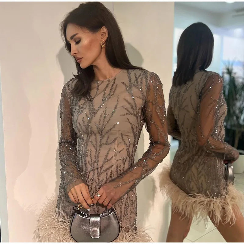 Product Name: Luxe Feather Sequin Mini Dress