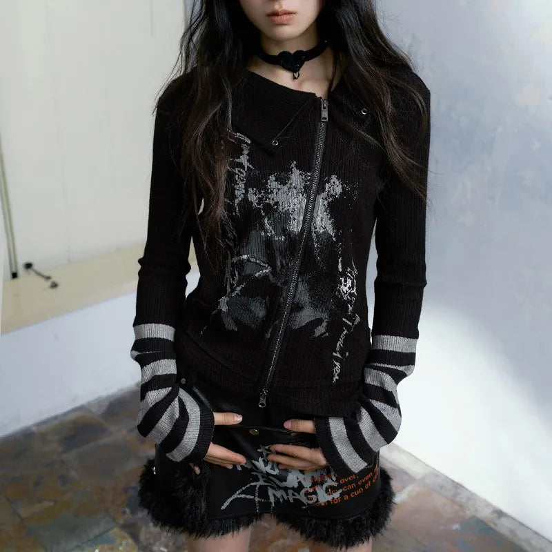 Grunge Graffiti Print Zipper T-shirt Vintage