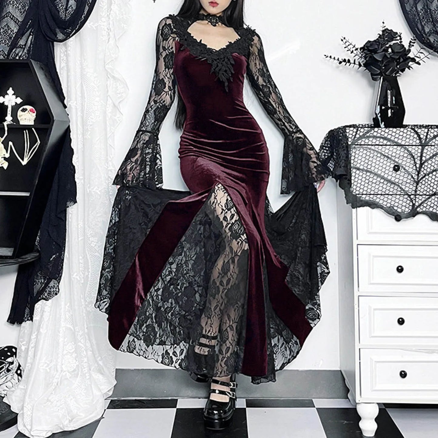 Gothic Rose Lace Plaid Mini Dress - Punk Vibe
