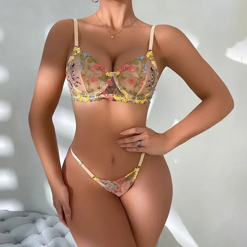 Boho Floral Sheer Lingerie Set: Bra & Panty Duo
