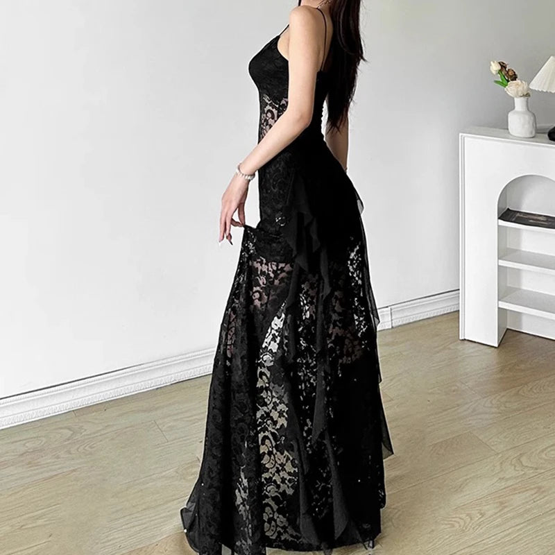 Luxe Lace V-Neck Ruffle Evening Dress