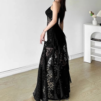 Luxe Lace V-Neck Ruffle Evening Dress