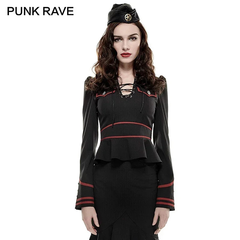 Punk Rave Gothic Military Blouse with Lotus Hem