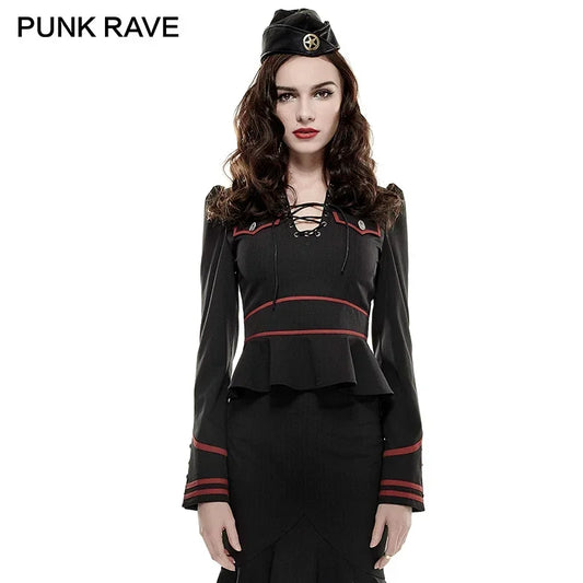 Punk Rave Gothic Military Blouse with Lotus Hem