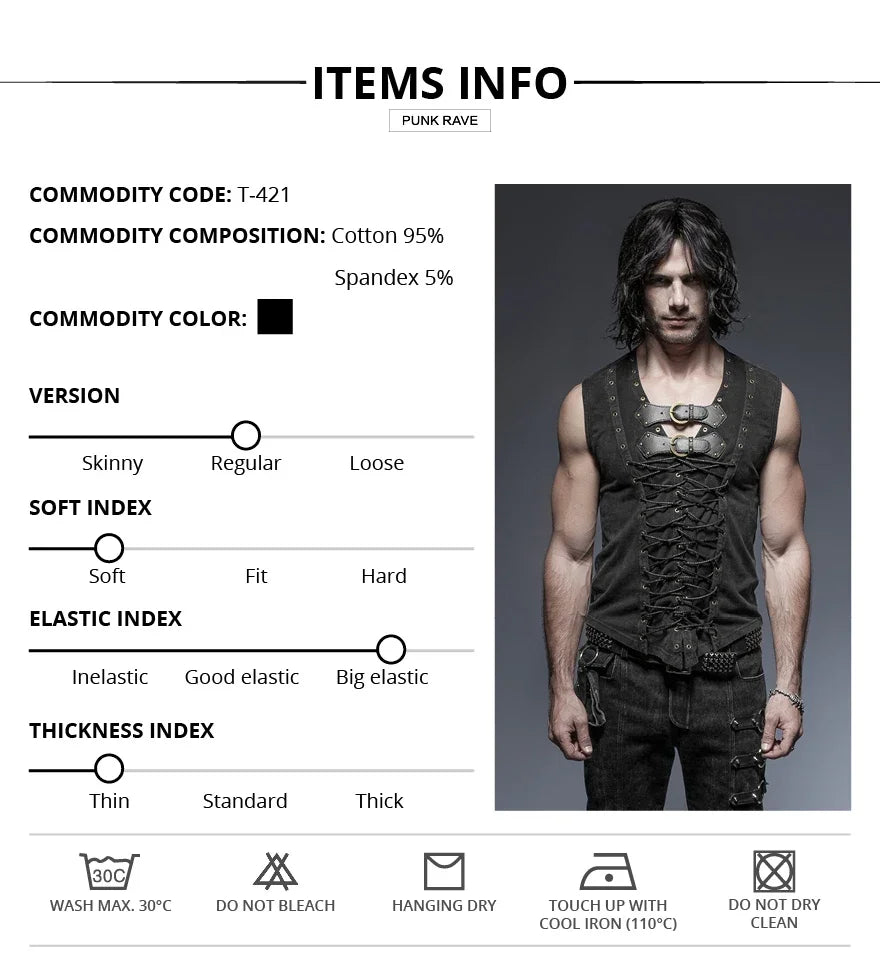 Black Punk Rock Cotton Vest for Men