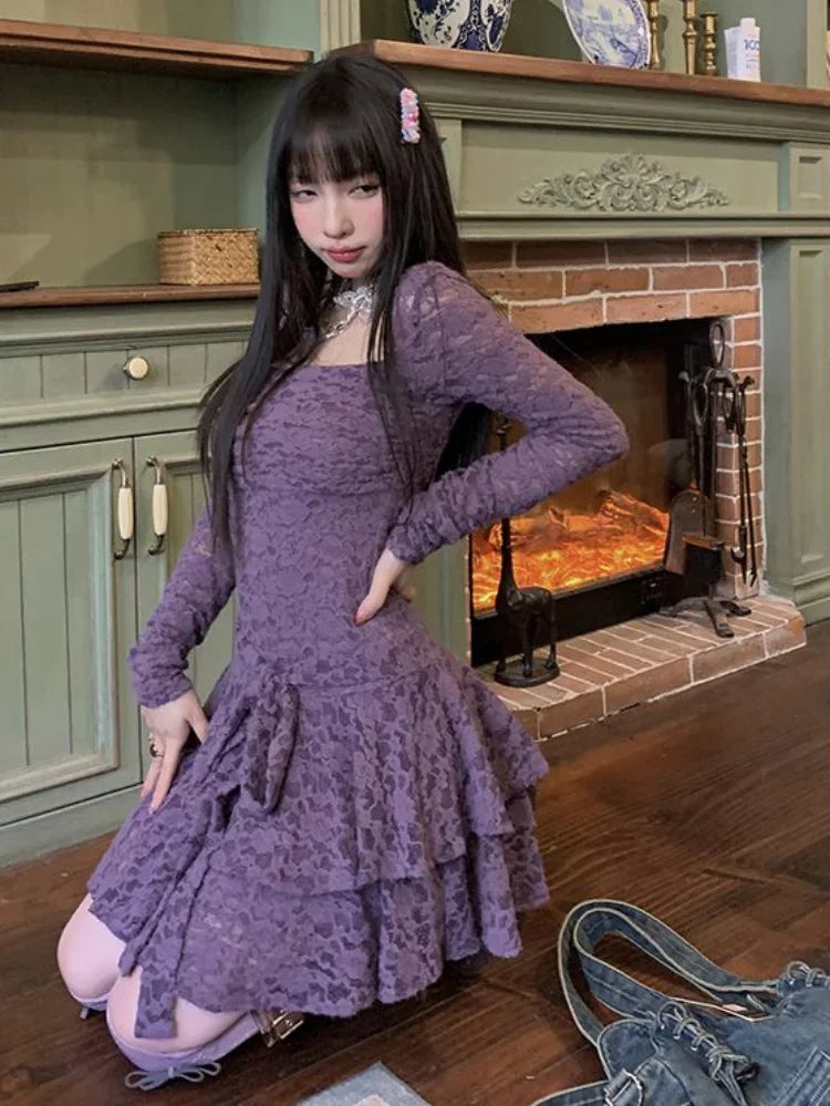 Lace-Inspired Slim-Waist Y2K Tunic Dress