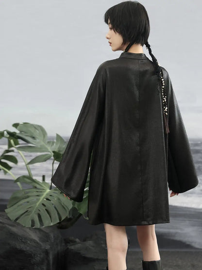 UMI MAO Retro Slant Buckle Black Long Sleeve Blouse