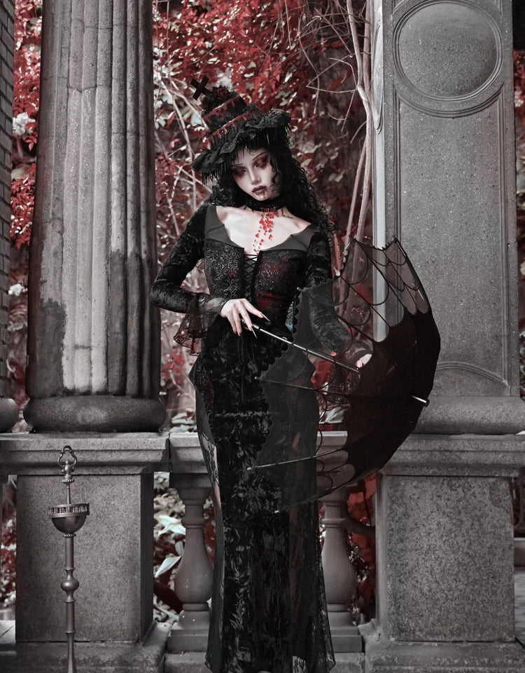 Gothic Velvet Slim Fit Lace Fishtail Dress for Women