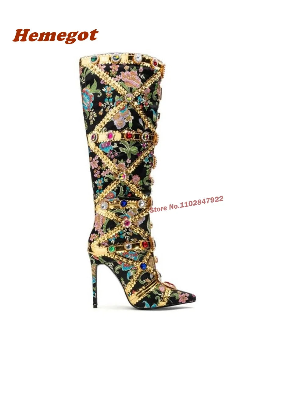 Pointed Toe Knee High Boots Rhinestones Design