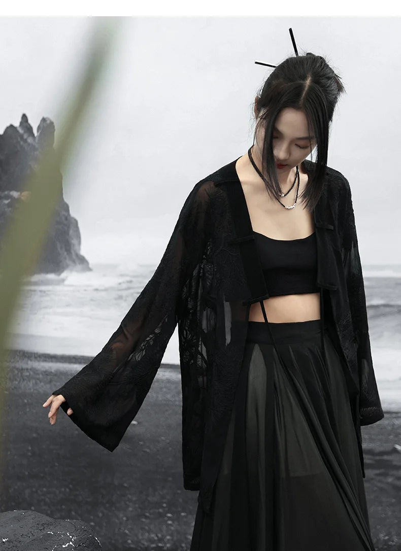 Summer Elegance: Crane Emblem Black Jacket for Women