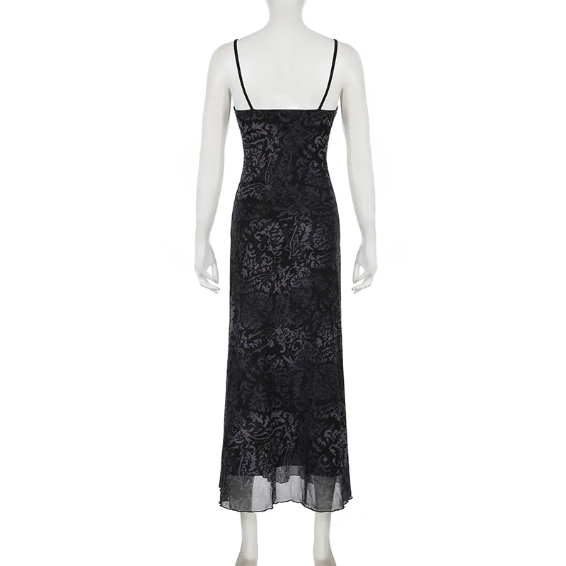 Dark Printed Lace Trim Mesh Dress