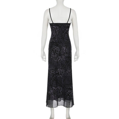Dark Printed Lace Trim Mesh Dress
