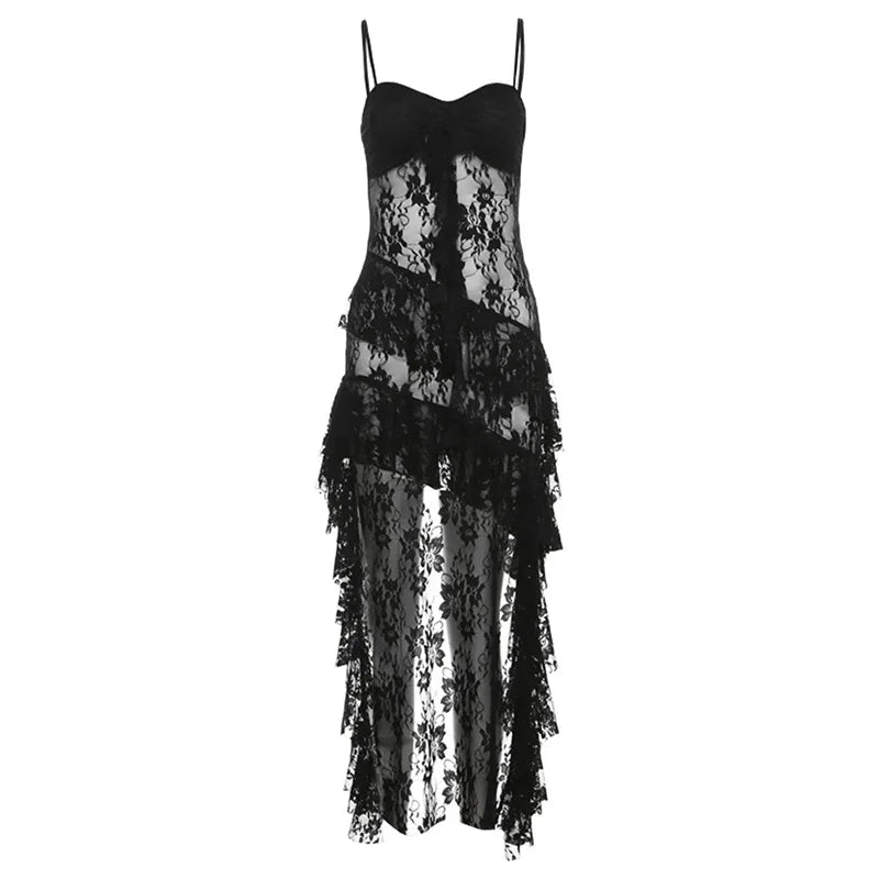 Waist Ruffled Split Black Dress