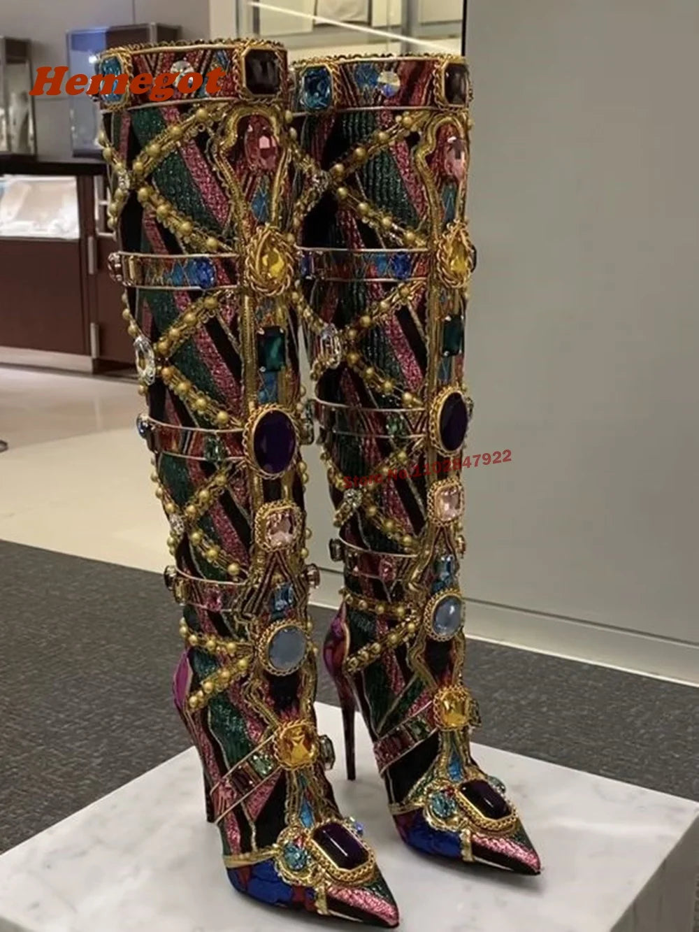 Pointed Toe Knee High Boots Rhinestones Design