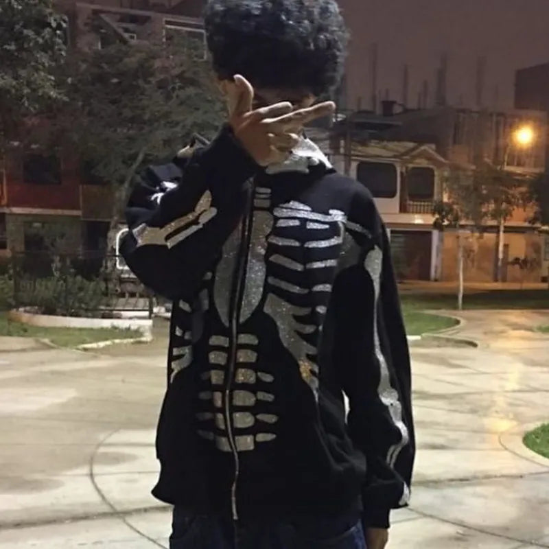 Rhinestone Full Zip Hoodie Skeleton Goth Sweatshirt