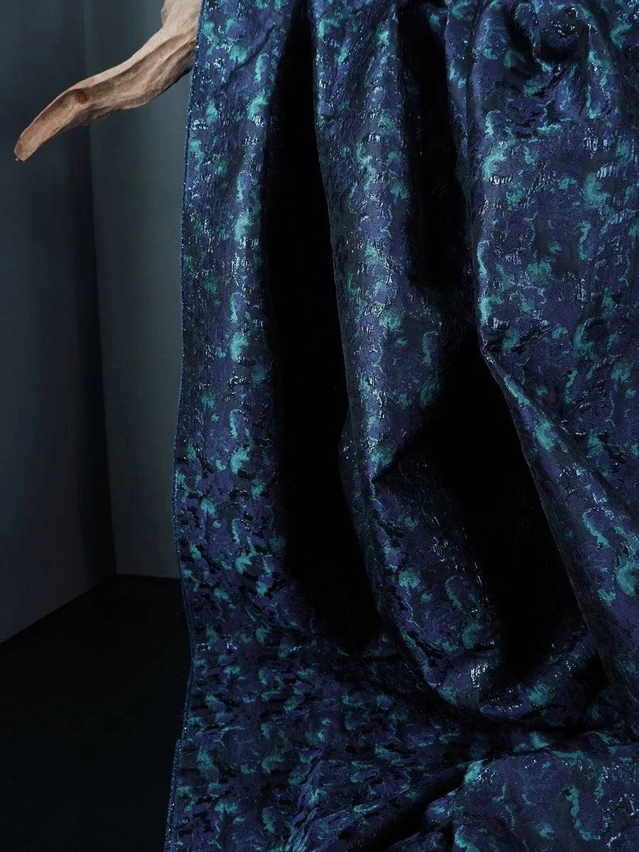 Navy Aqua Floral Jacquard Fabric for Dressmaking