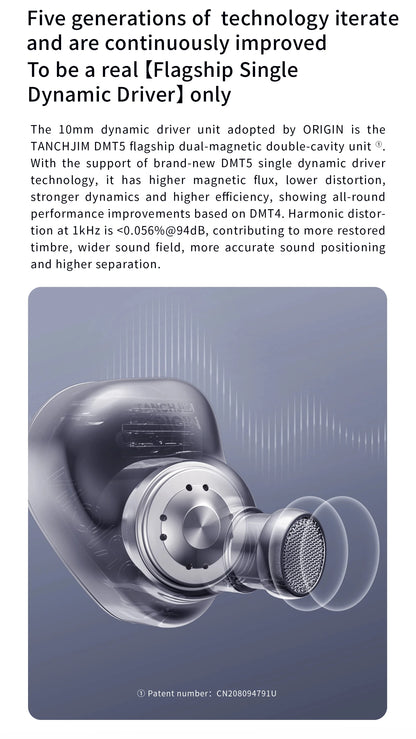 TANCHJIM ORIGIN DMT5 Dynamic Driver In-Ear Earphone IEM HiFi Music Earbuds Highly Pure Wire 0.78mm Wired Headset