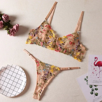 Boho Floral Sheer Lingerie Set: Bra & Panty Duo