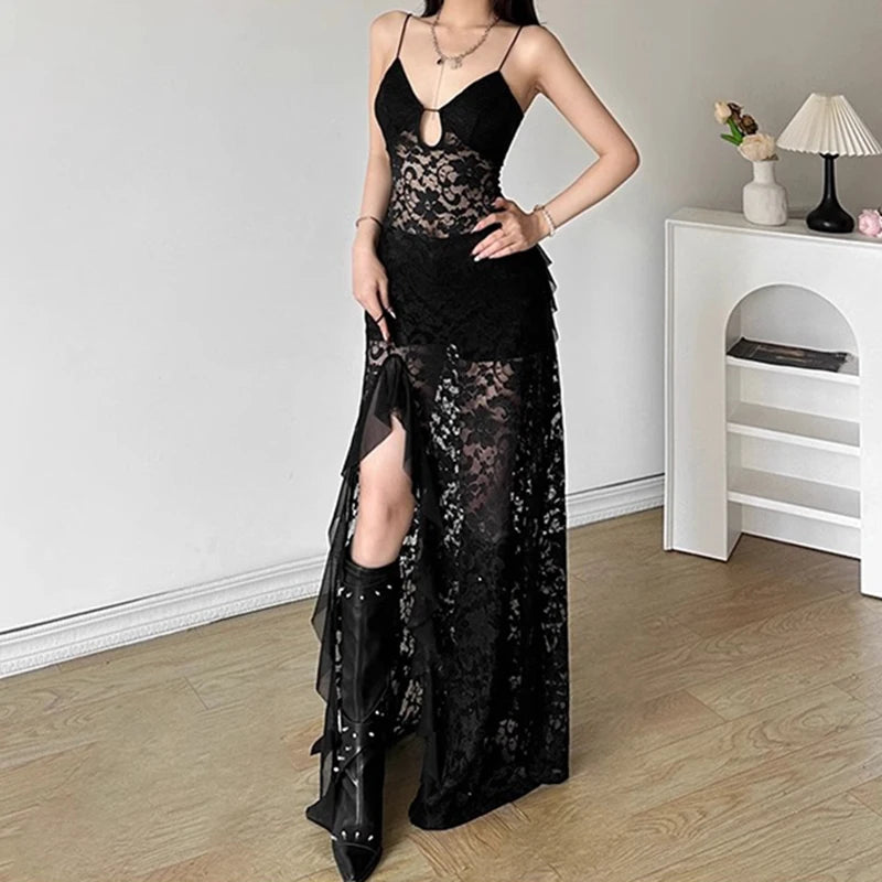 Luxe Lace V-Neck Ruffle Evening Dress