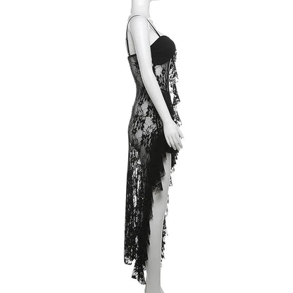 Waist Ruffled Split Black Dress