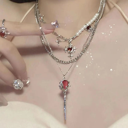 Red Zircon Rose Pendant Necklace