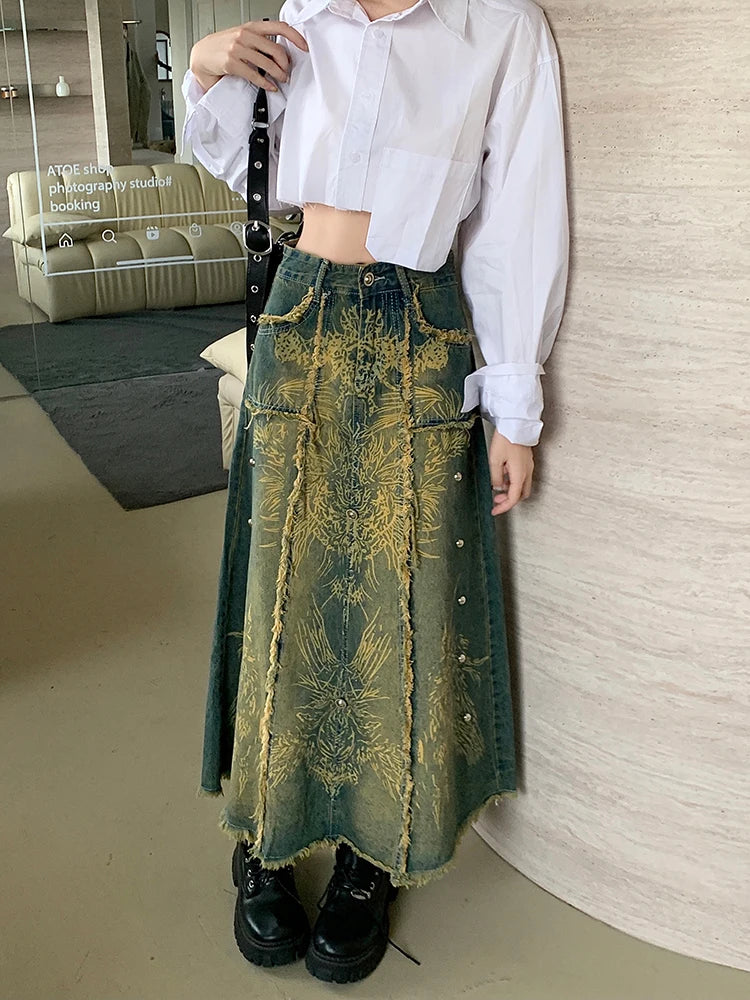 Ripped Tie-Dye A-Line Denim Skirt for Women