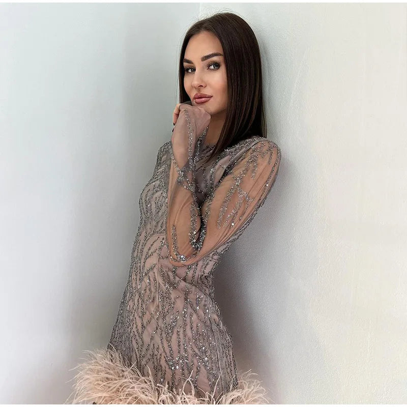 Product Name: Luxe Feather Sequin Mini Dress