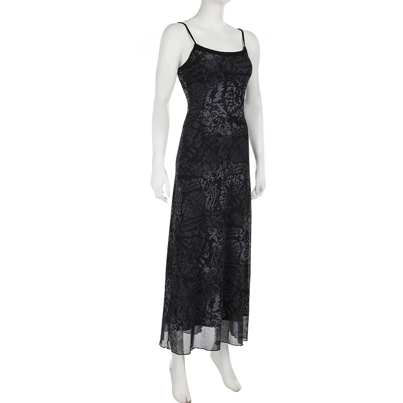 Dark Printed Lace Trim Mesh Dress