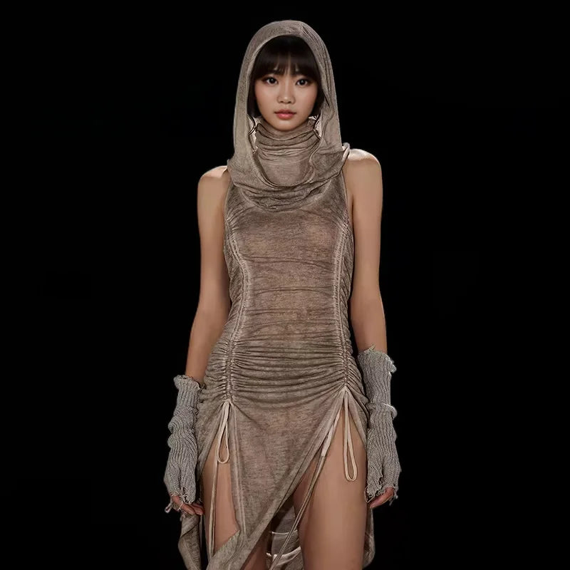Dusk Charm Hooded Drawstring Dress