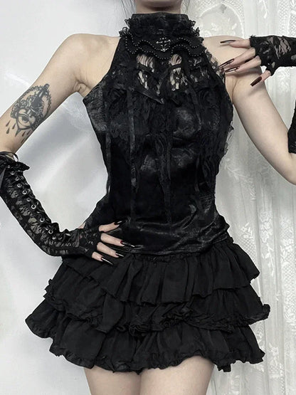 Nostalgic Lace Gothic Crop Tank for Retro Street Style