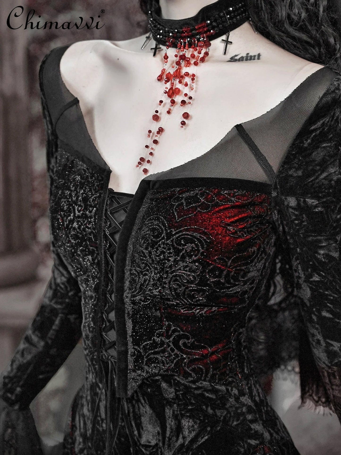 Gothic Velvet Slim Fit Lace Fishtail Dress for Women