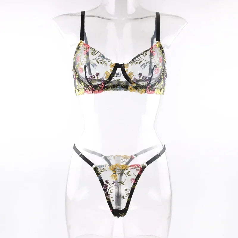 Boho Floral Sheer Lingerie Set: Bra & Panty Duo