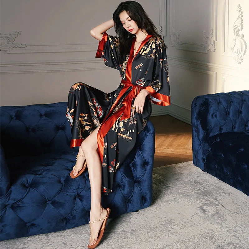 Long Robe Kimono Bathrobe Gown Satin Home Dress