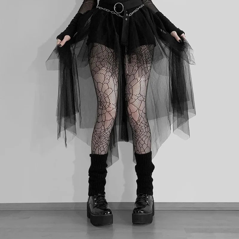 Gothic Mesh High-Waisted Asymmetrical Skirt